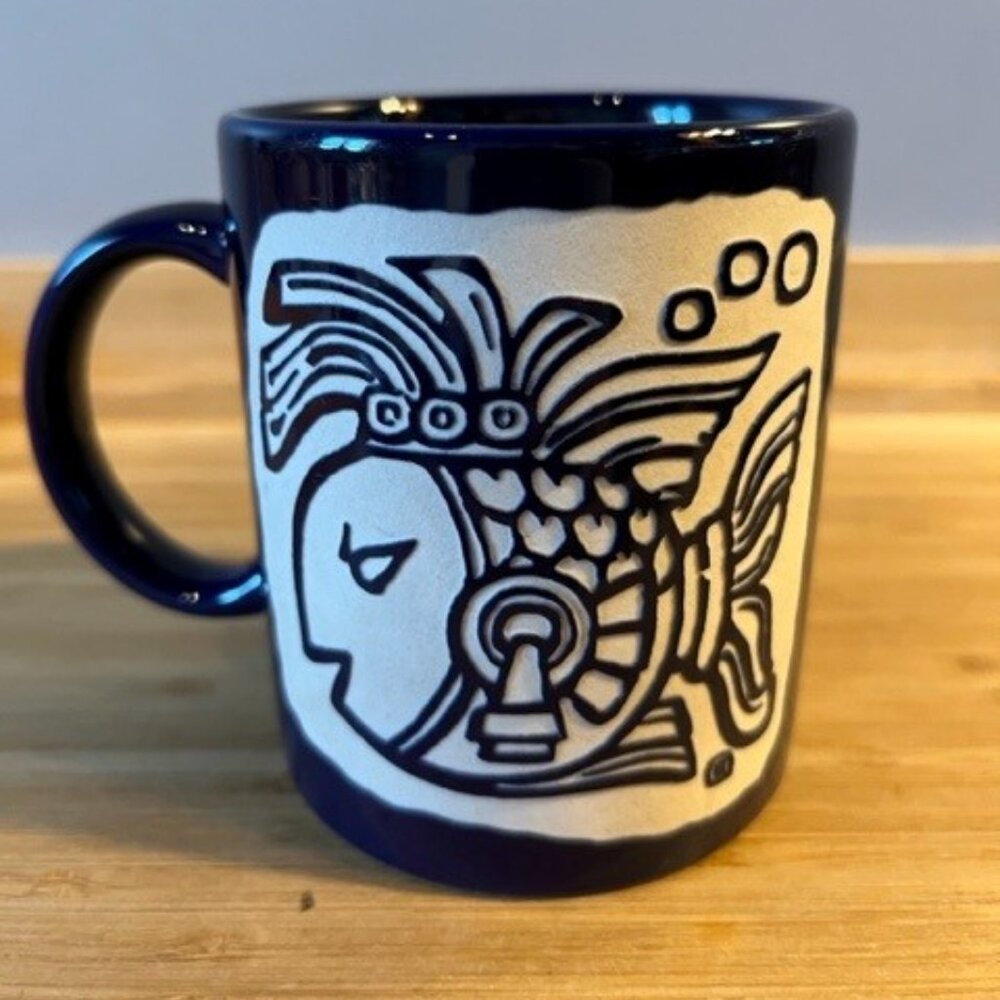 Fish coffee Mug indigenous Aztec Design Cobalt blue glaze